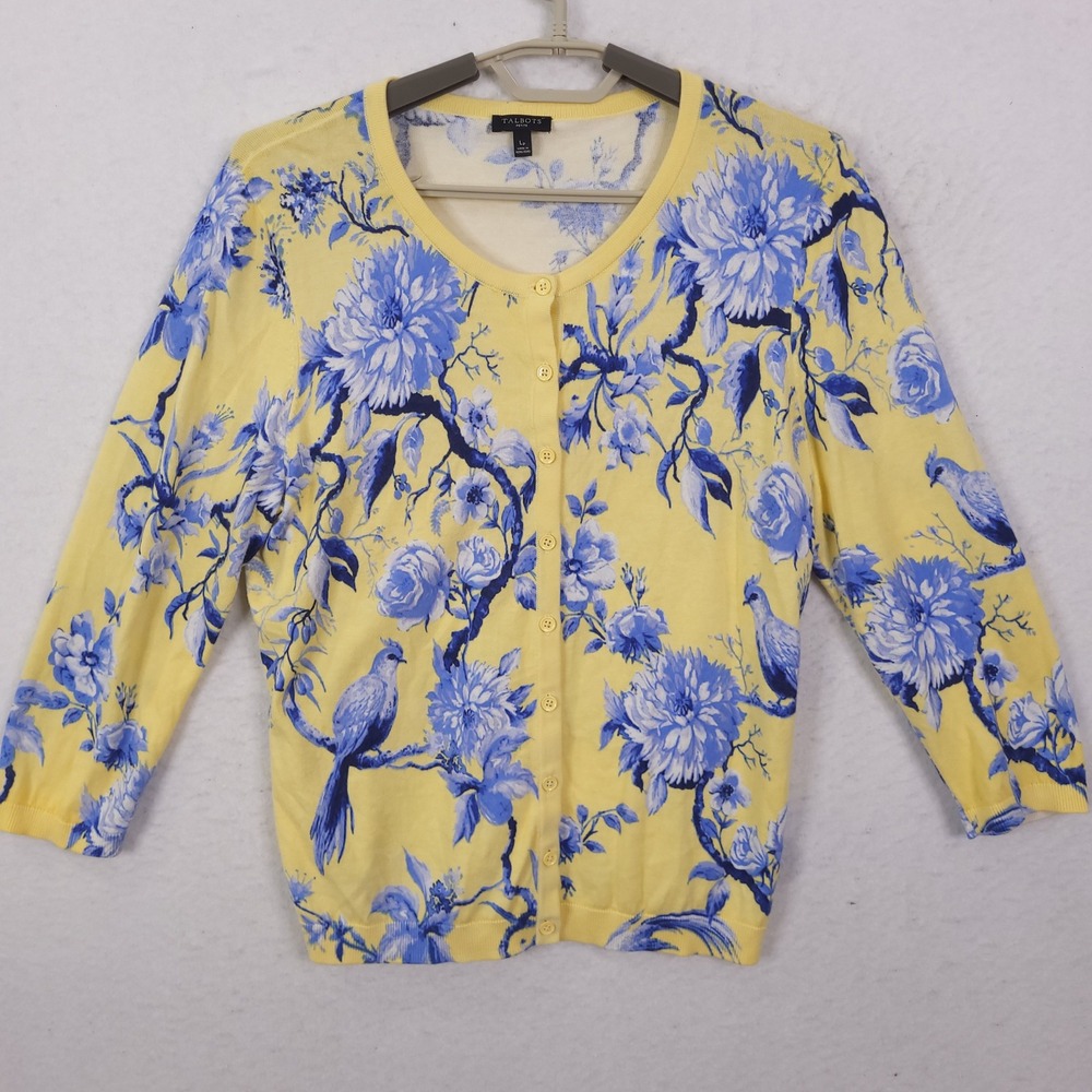 Talbots Cardigan Womens LP Yellow Blue Floral Bird Chinoiserie Knit Sweater